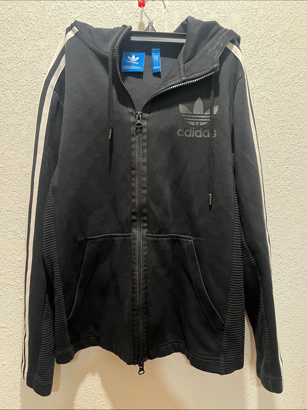 adidas Black Hoodie with White Sleeve Stripes